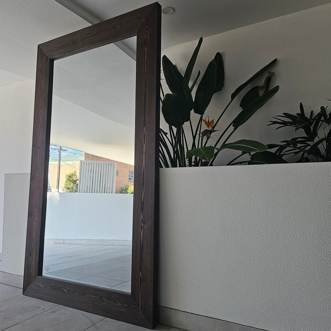White wash and brown wood frame full-length mirrors