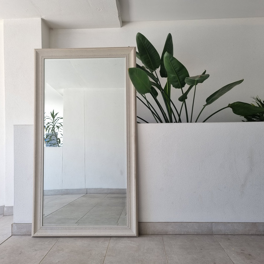 Woodgrain white full-length mirror with a timber-look frame