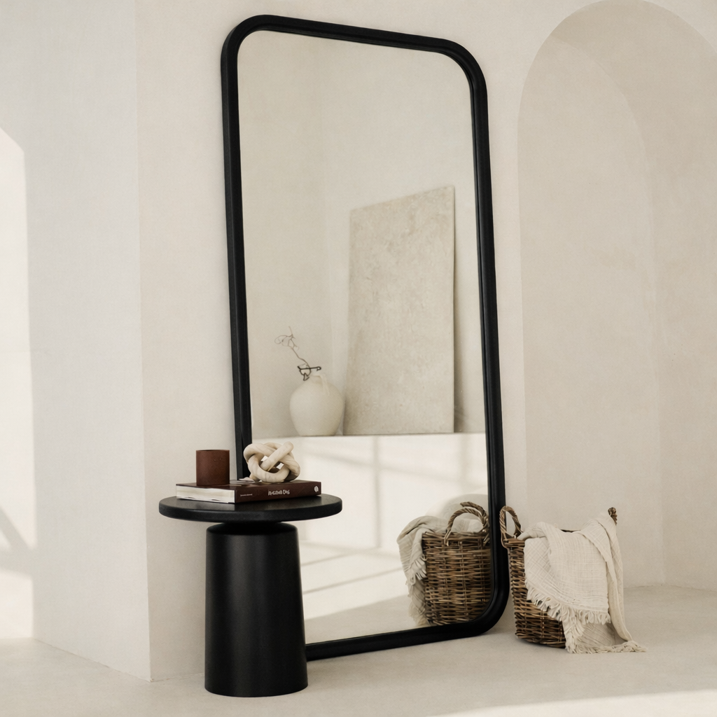 Large black-framed mirror on a white wall with minimal decor.