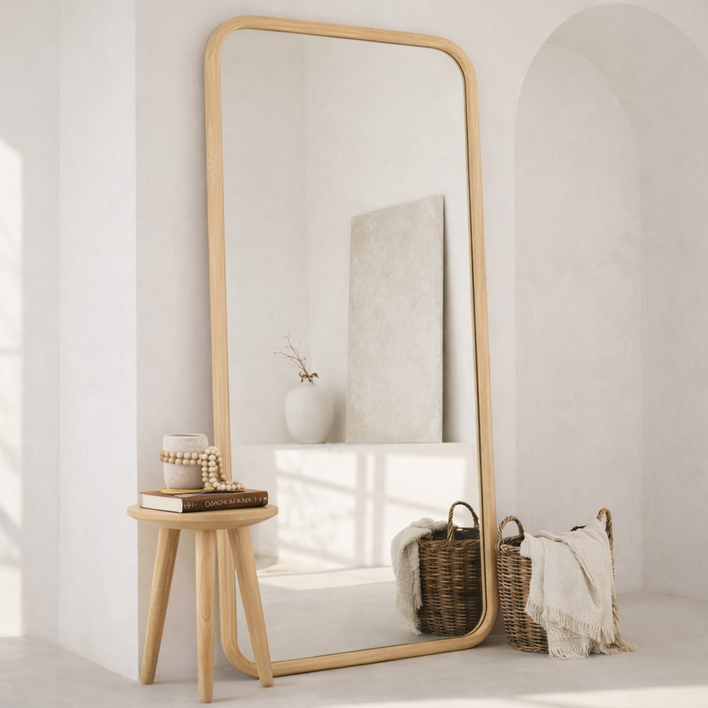 Amber curved-edge full-length mirror, 200x100cm, with a wood frame
