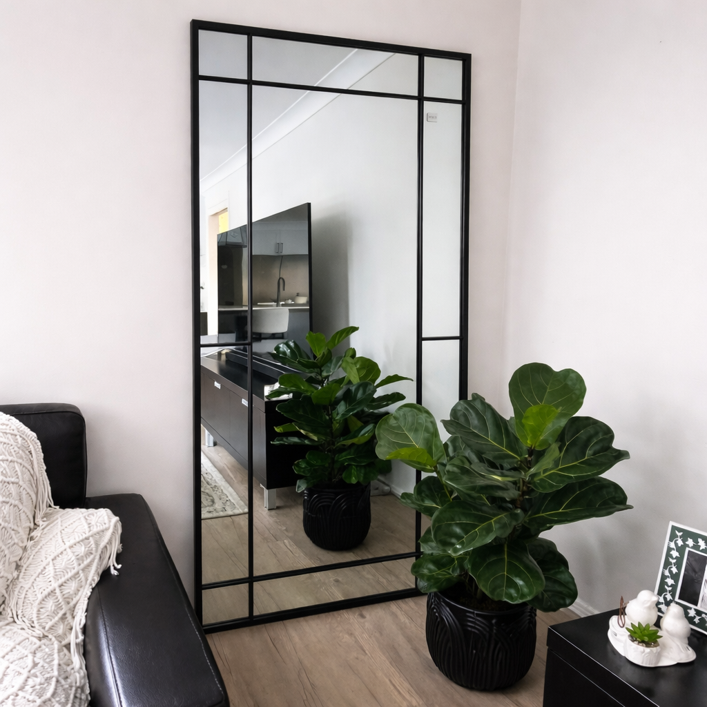 Bexley black industrial window-frame mirror, 200x100cm