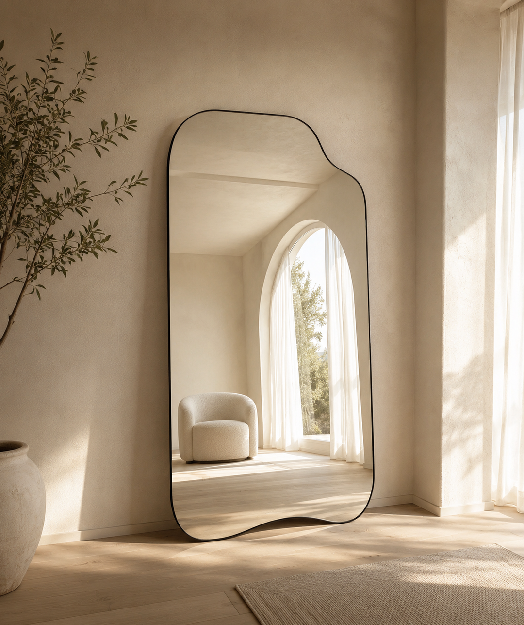An asymmetrical full-length floor mirror with a thin black frame leans against a textured beige wall in a sunlit room. The mirror reflects a white armchair and arched window, while a potted plant and woven rug are visible in the foreground.