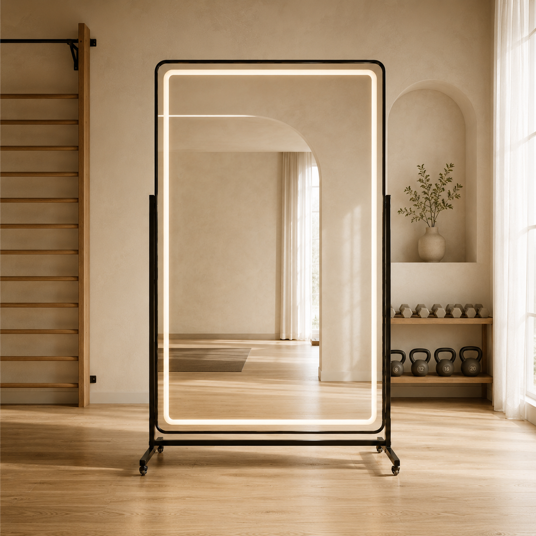A freestanding rectangular mirror with a black metal frame and integrated warm white LED lighting, shown in a minimalist interior room with wood floors and neutral walls.