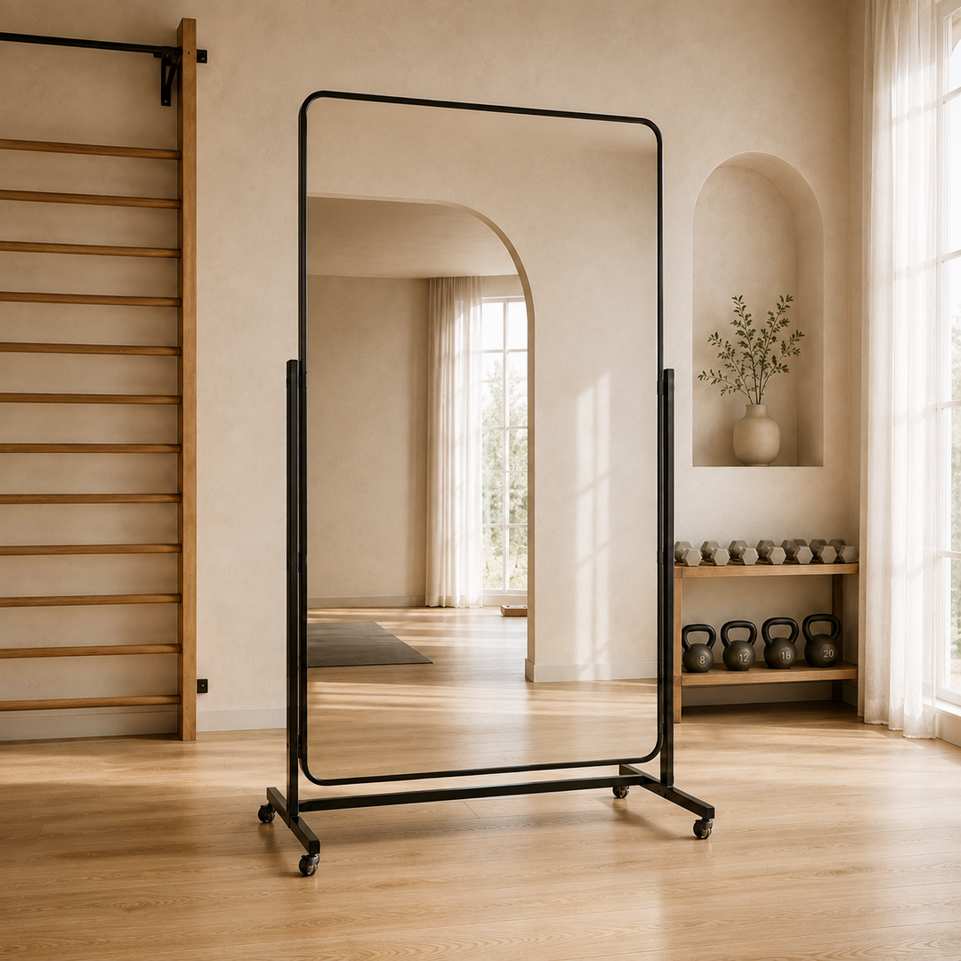 A full-length standing mirror with a slim black metal frame and caster wheels, positioned in a minimalist, warm-toned room with wooden floors, a wooden wall ladder, and a built-in niche with kettlebells.