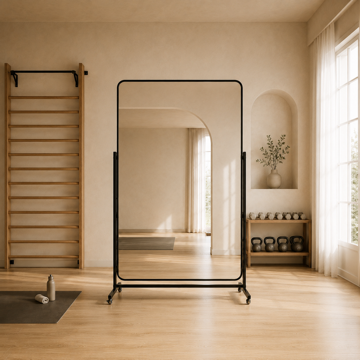 A black metal rolling floor mirror with a rectangular frame stands in a bright, minimalist room with light wood floors and beige walls. A wooden wall ladder is on the left, and a small shelf with kettlebells and a vase is on the right.