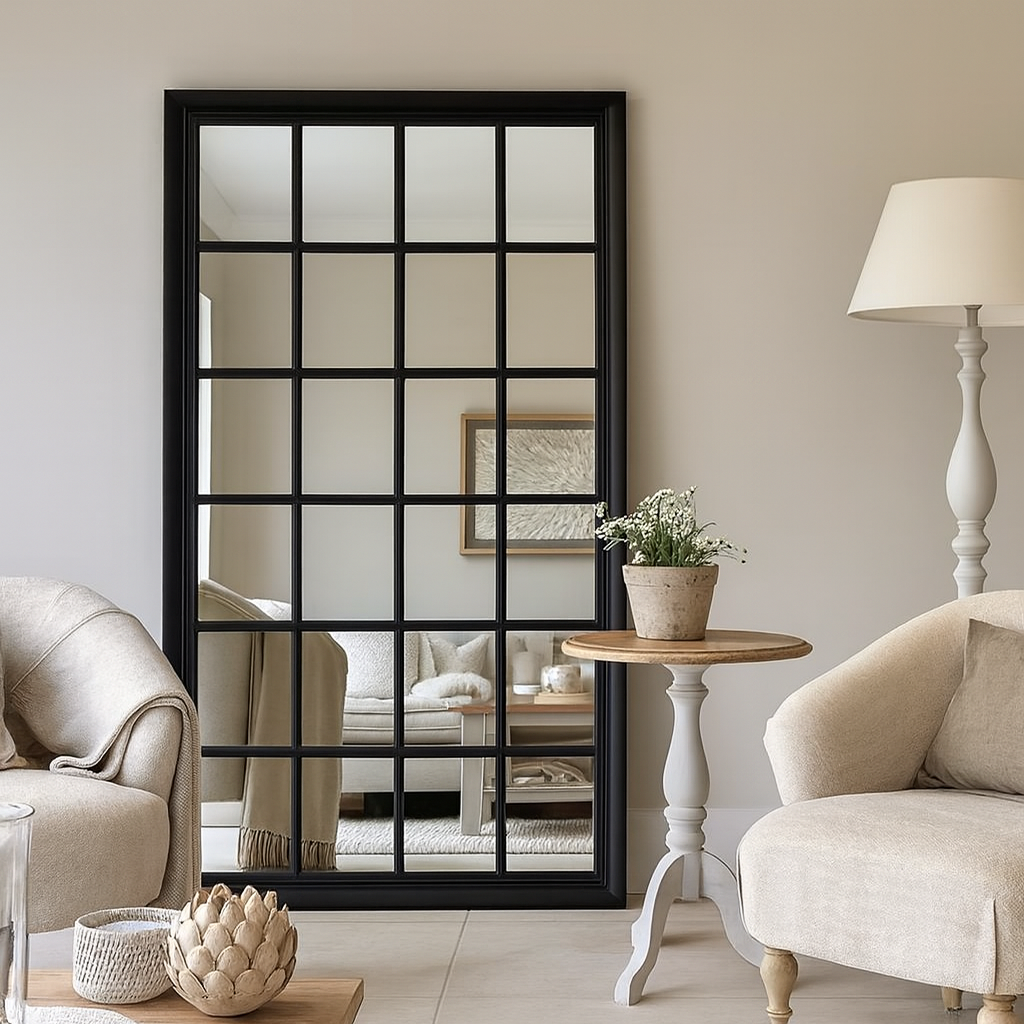 Sash black shabby-chic window mirror, 200x100cm