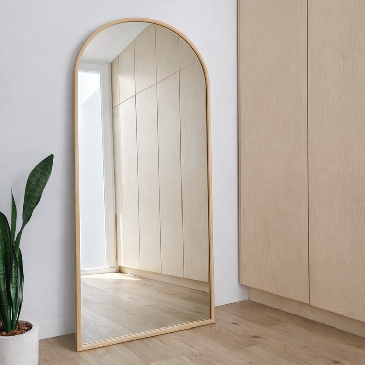 Eve natural arch full length mirror

Natural timber arched mirror 200x100cm

Full length arch mirror leaning against wall

Minimalist arch mirror by Sydney Mirrors

Natural wood framed arch mirror interior