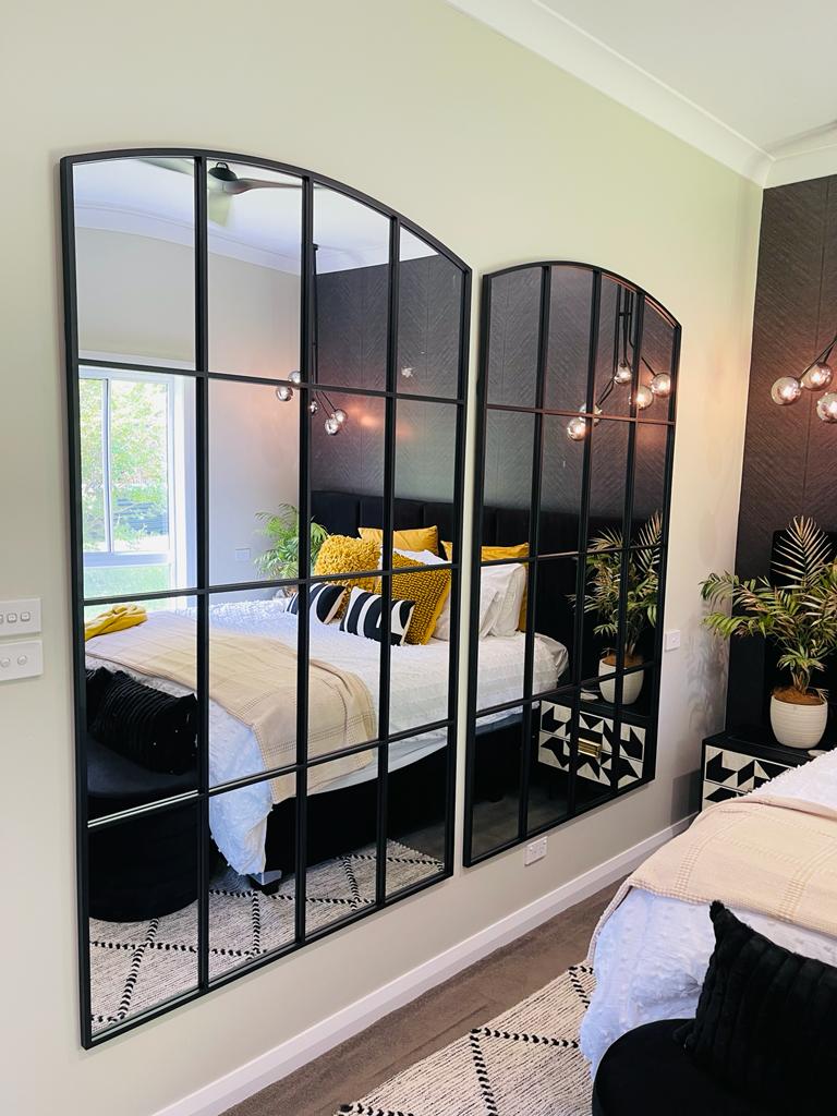 Hampton arch window mirror in black or gold metal, 200x120cm, full-length