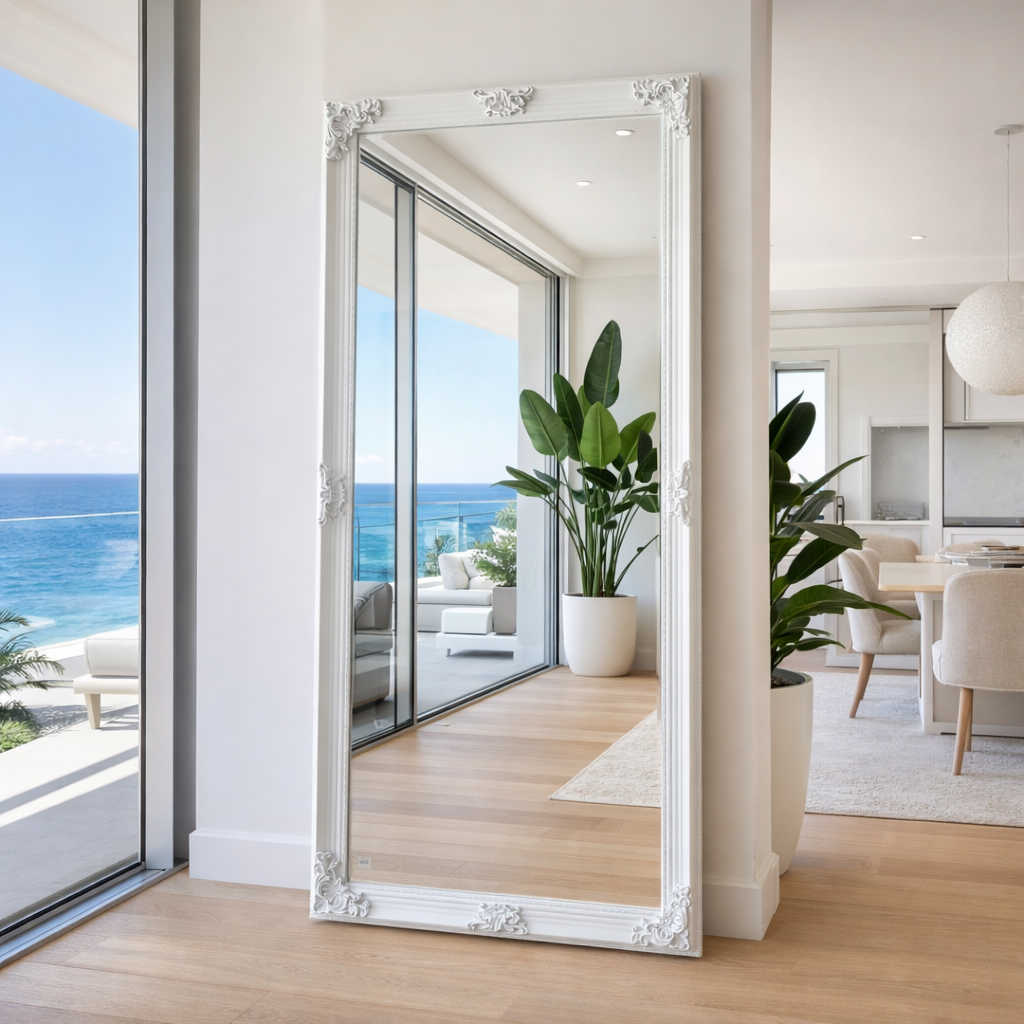 Large decorative mirror in a modern living room with ocean view