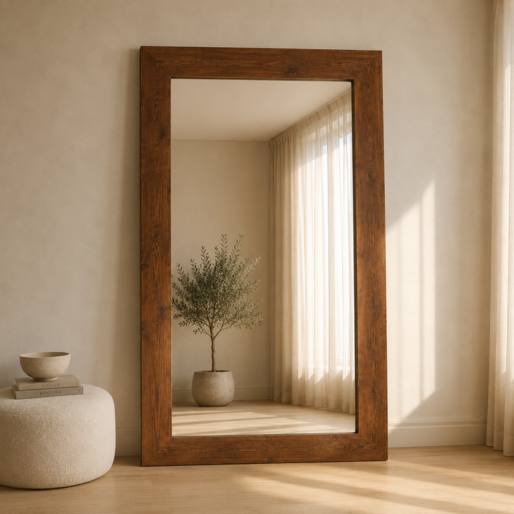 A tall rectangular floor mirror with a thick rustic brown wooden frame, leaning against a beige wall in a sunlit room. The mirror reflects a potted tree and sheer curtains, while a round white pouf and small books sit to the left.