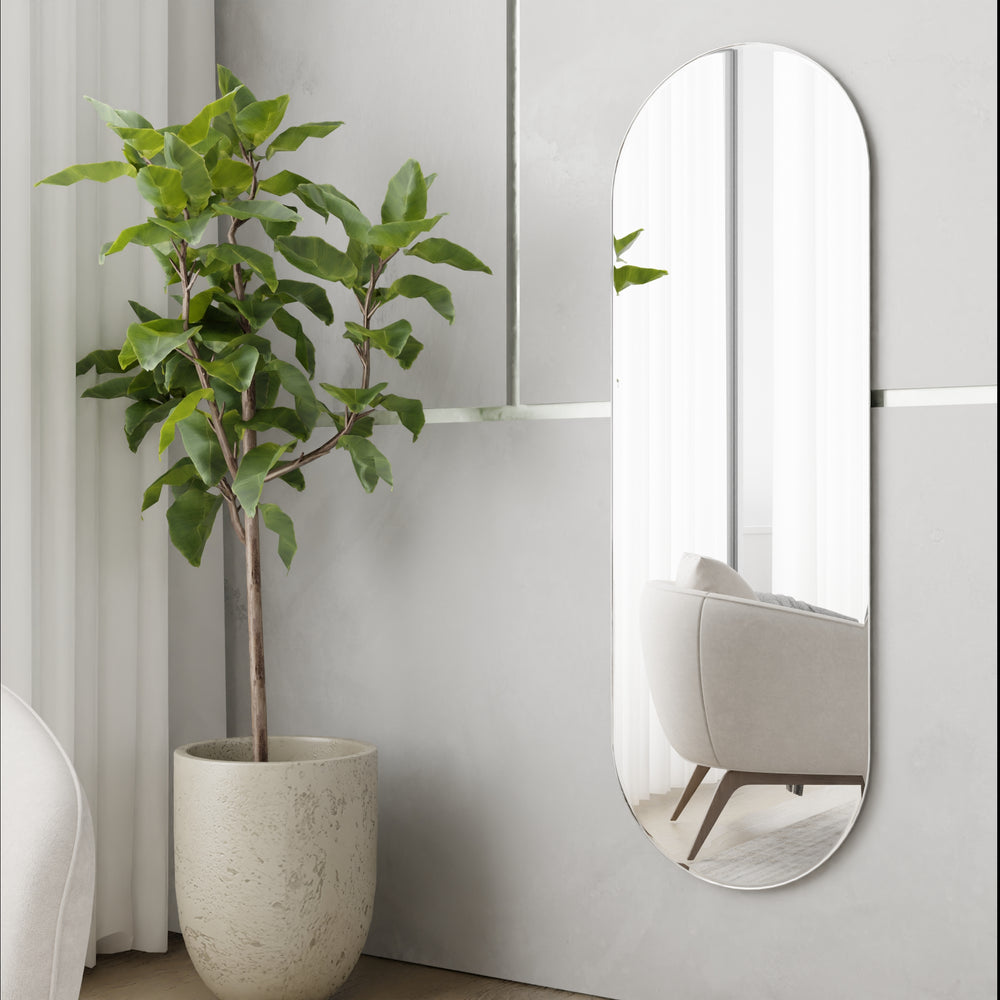 Halo frameless pill-shaped wall mirror, 150x50cm