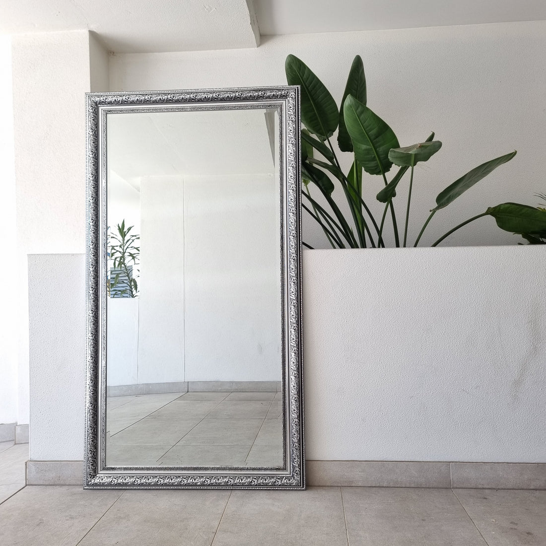 Silver and black ornate full-length mirror with a decorative frame