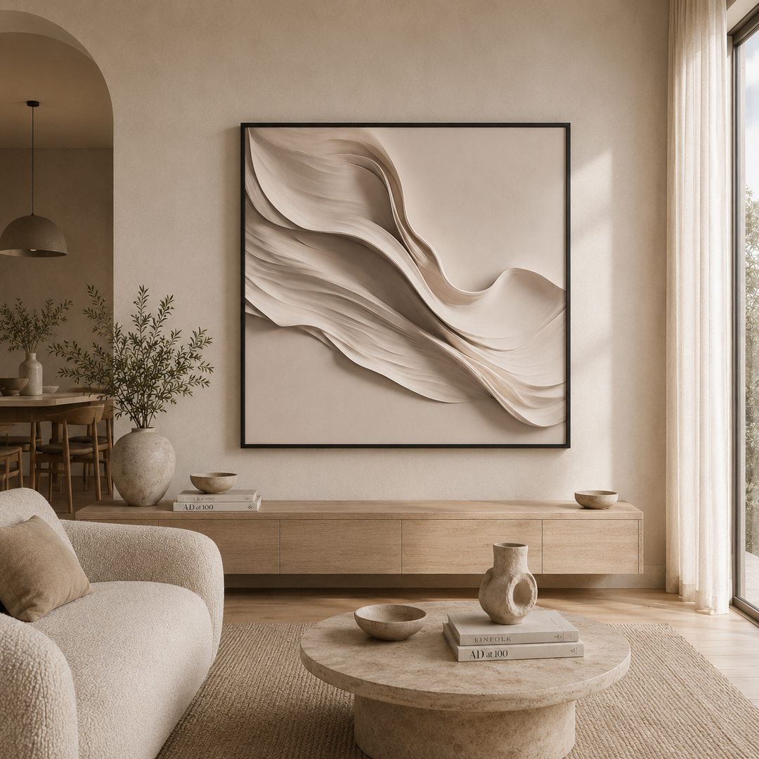 Drift beige wall art, soft folded canvas print in a black frame, 210x120cm, on a warm neutral living room wall