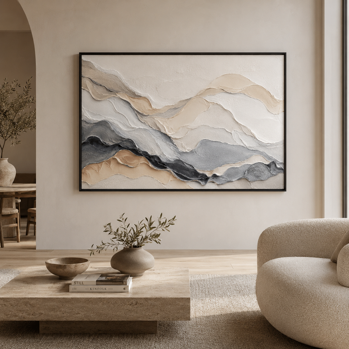 Quarry wall art scale reference, large neutral textured canvas beside timber and linen furnishings
