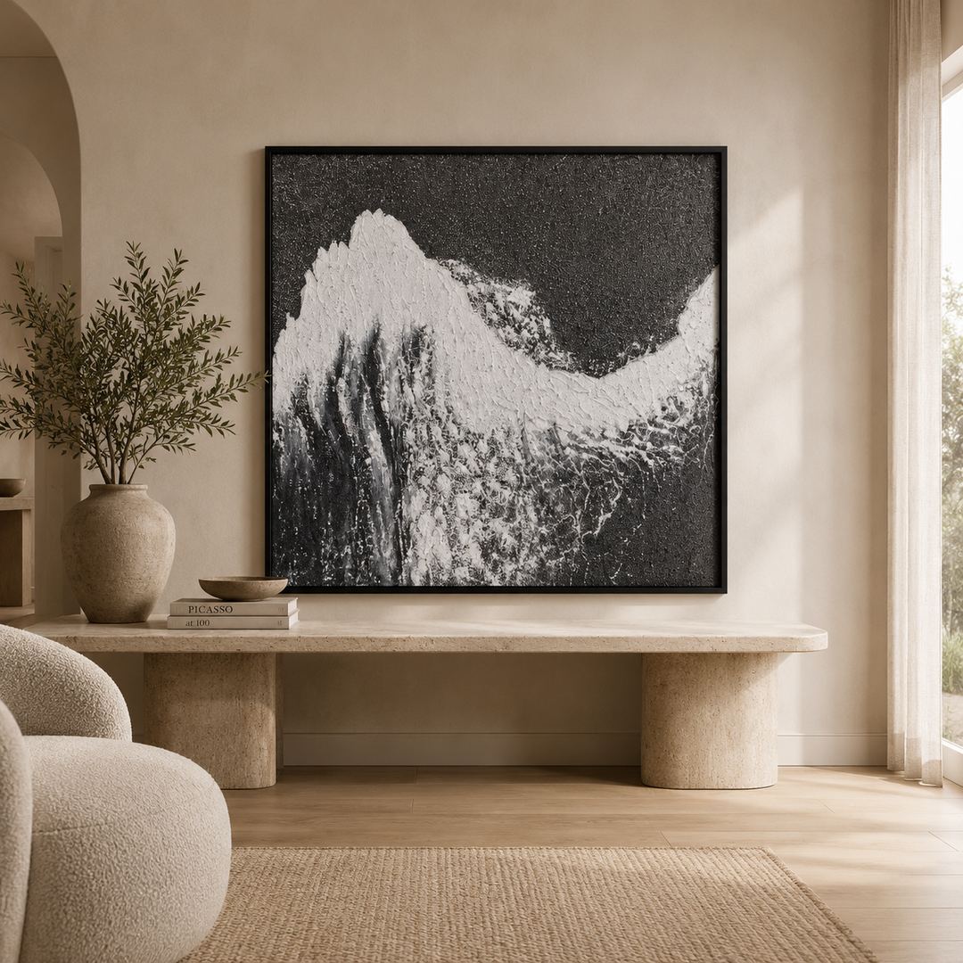 Ridge textured wall art, hand-finished black and white 3D canvas in a black frame, 210x120cm, on a neutral living room wall