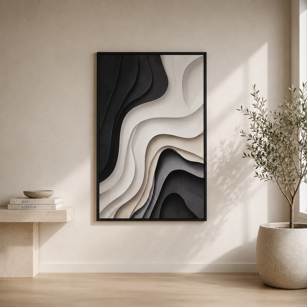 Strata wall art in a black frame, high contrast black and cream curved bands, styled above a travertine bench