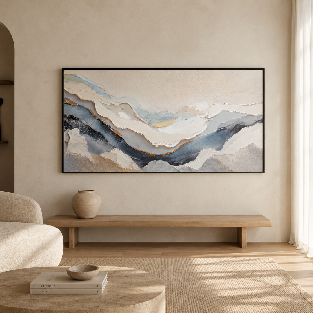 Close detail of Chalk wall art showing lightly raised hand-applied paint in cream and warm beige