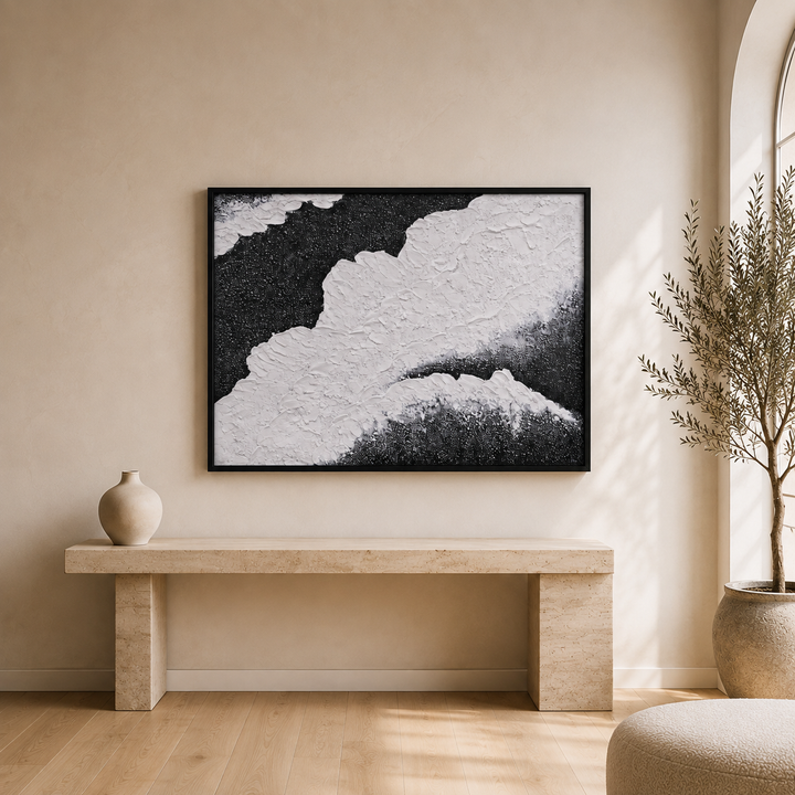 Onyx textured wall art, hand-finished black and white micro-plaster canvas in a black frame, 210x120cm, on a neutral wall