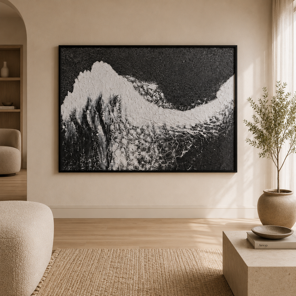Ridge 3D wall art in a black frame, thick white raised relief forming a peak against a dark ground