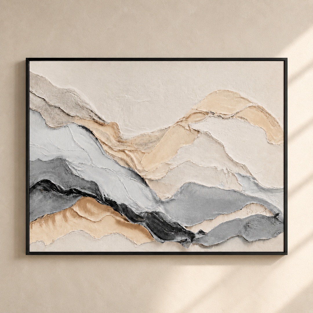 Quarry neutral textured wall art in a black frame, cream grey and beige relief with black accents