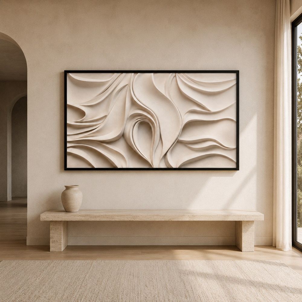 Dune textured wall art in a black frame, cream and taupe relief-look canvas print, styled in a minimalist living room
