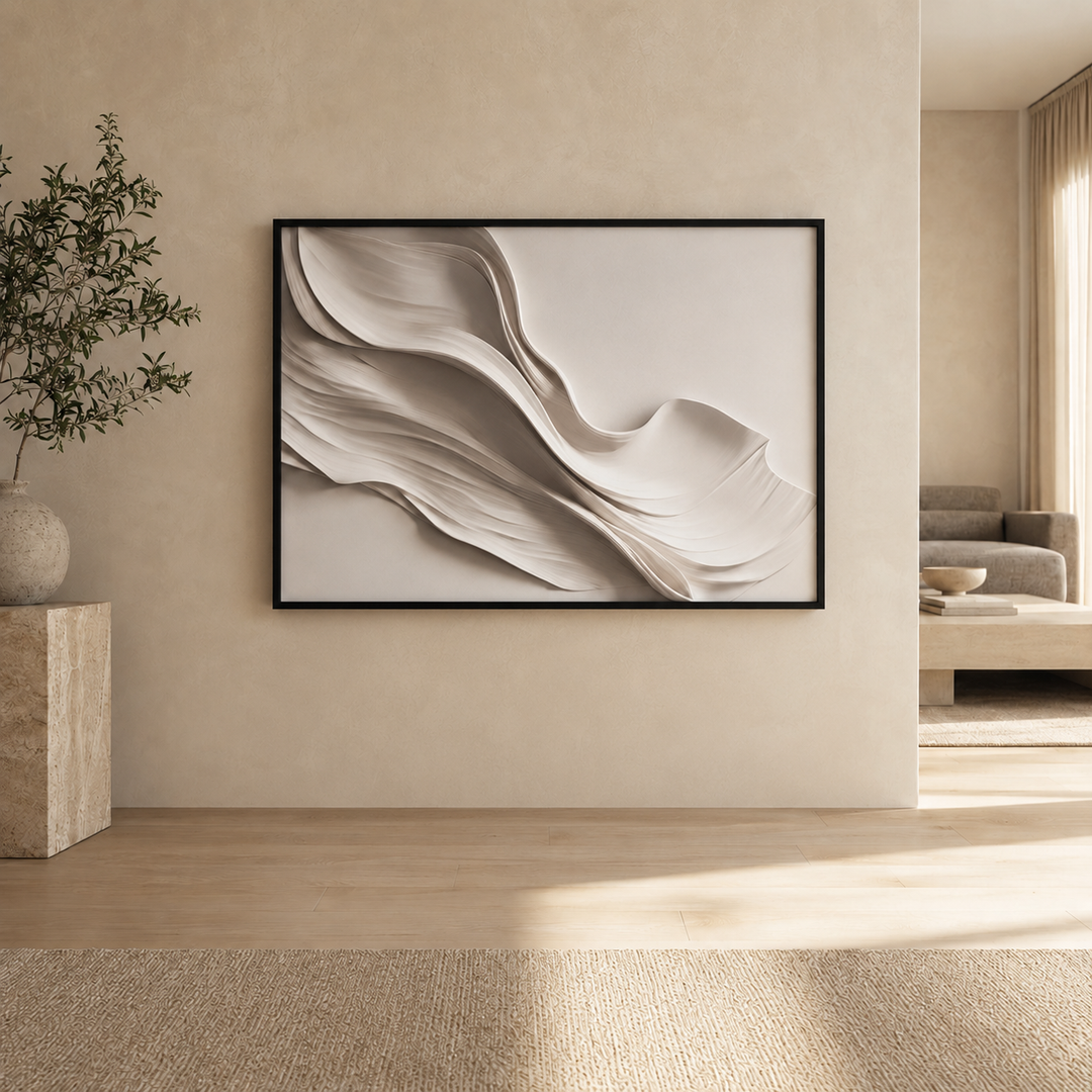 Close detail of Drift wall art, printed beige and taupe folds with soft shadow on framed canvas