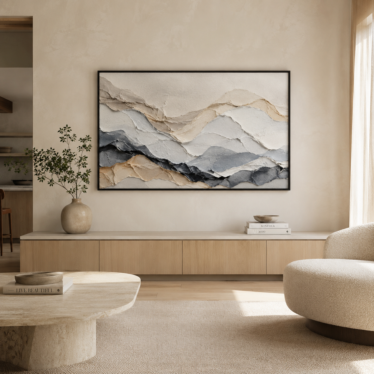 Quarry textured wall art, hand-finished neutral 3D relief canvas in a black frame, 210x120cm, on a warm living room wall