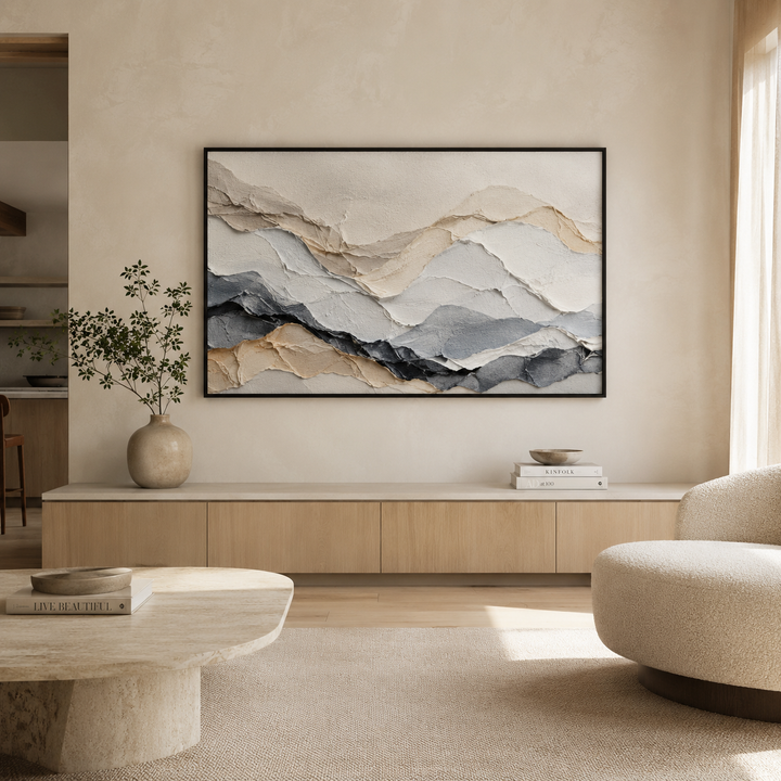 Quarry textured wall art, hand-finished neutral 3D relief canvas in a black frame, 210x120cm, on a warm living room wall