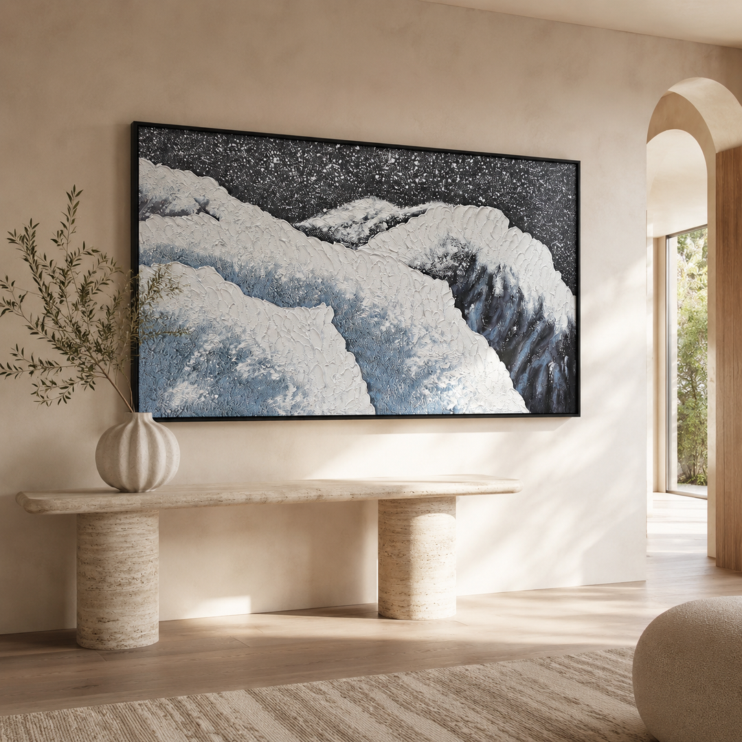Close detail of Tide coastal wall art showing raised micro-plaster relief in steel blue and slate grey