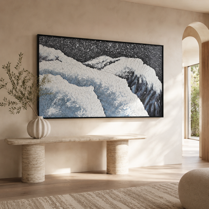 Close detail of Tide coastal wall art showing raised micro-plaster relief in steel blue and slate grey