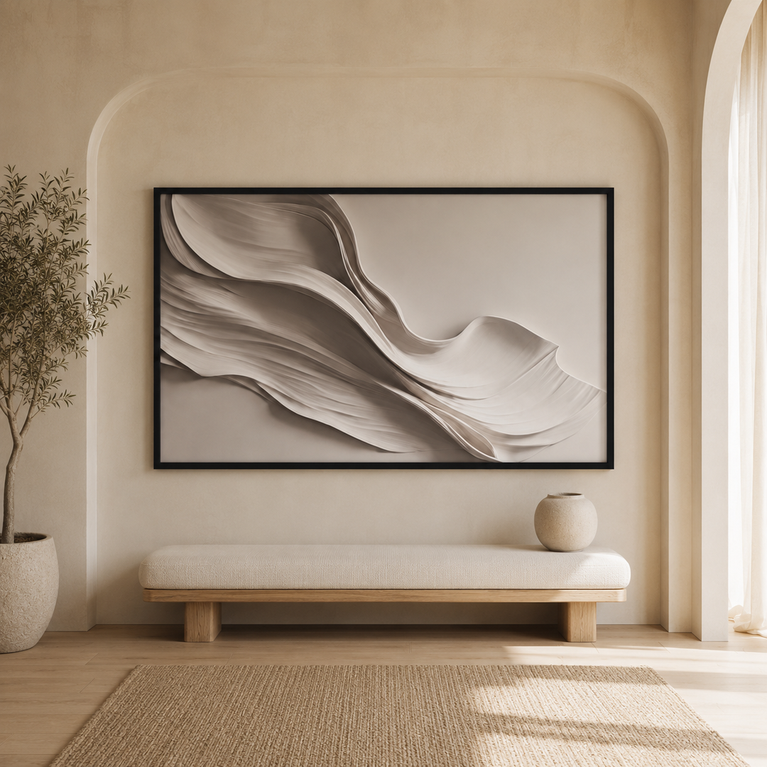 Drift large framed canvas print in beige, hung above a bed in a minimalist Japandi bedroom