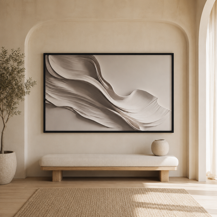 Drift large framed canvas print in beige, hung above a bed in a minimalist Japandi bedroom