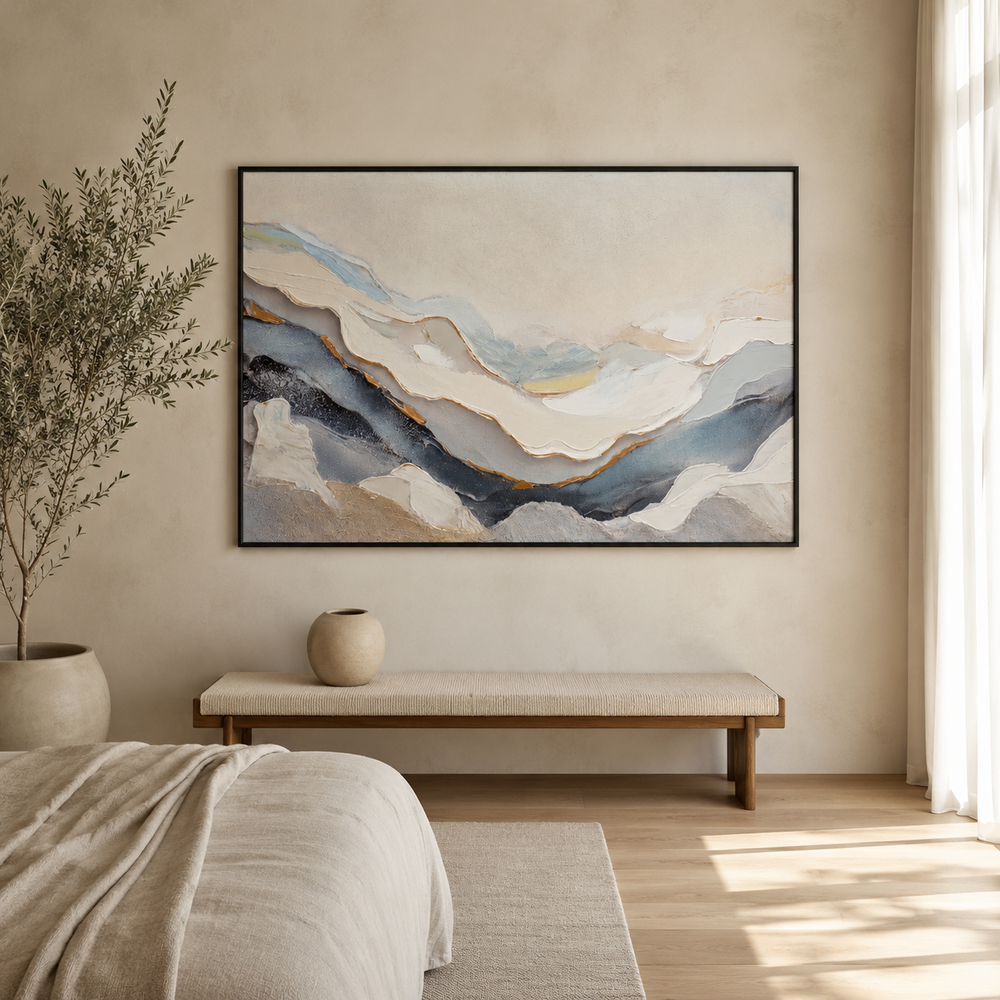 Chalk minimalist wall art in a black frame, soft cream and white raised paint texture, styled in a bedroom