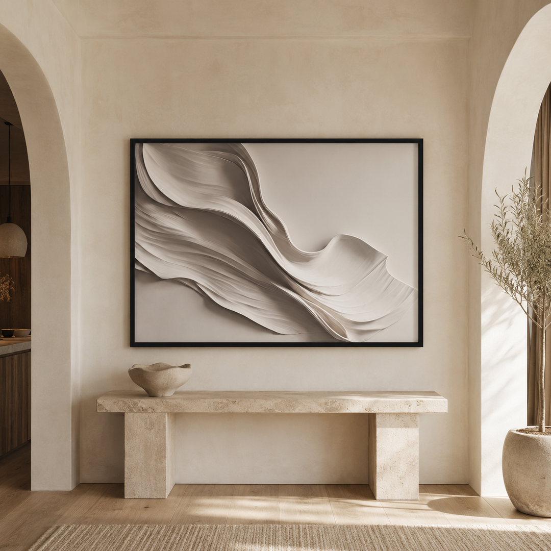 Drift wall art scale reference, beige framed canvas print on a large wall beside a timber console