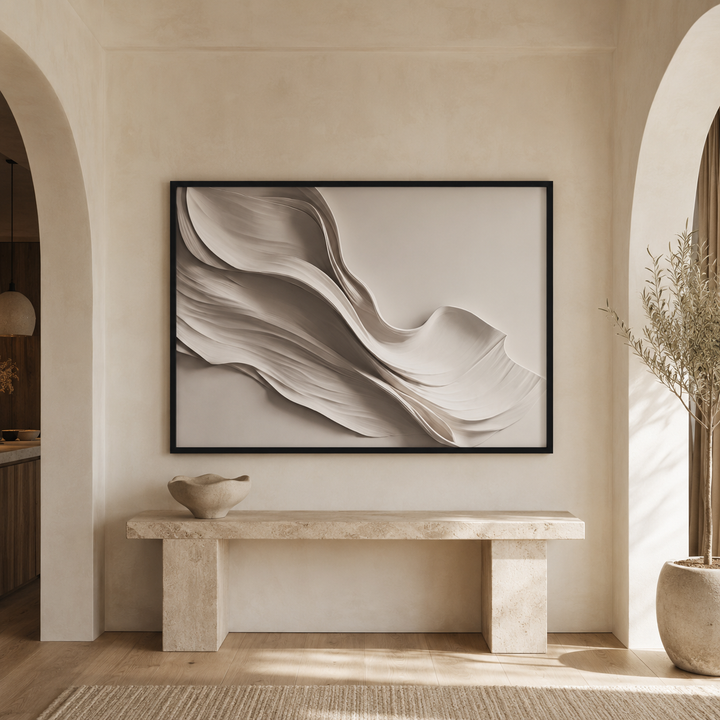 Drift wall art scale reference, beige framed canvas print on a large wall beside a timber console
