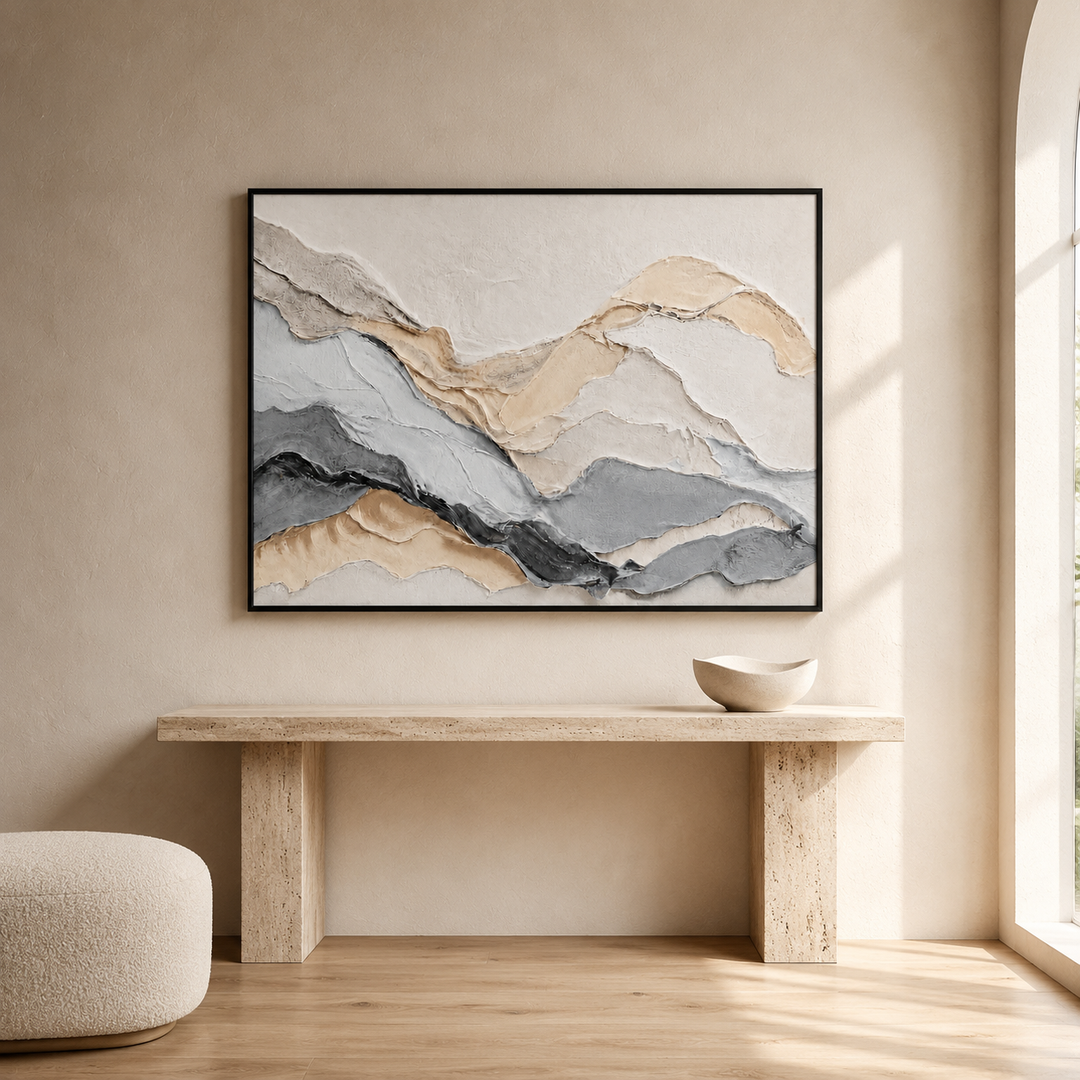Quarry hand-finished textured canvas styled above a travertine bench in a neutral entryway