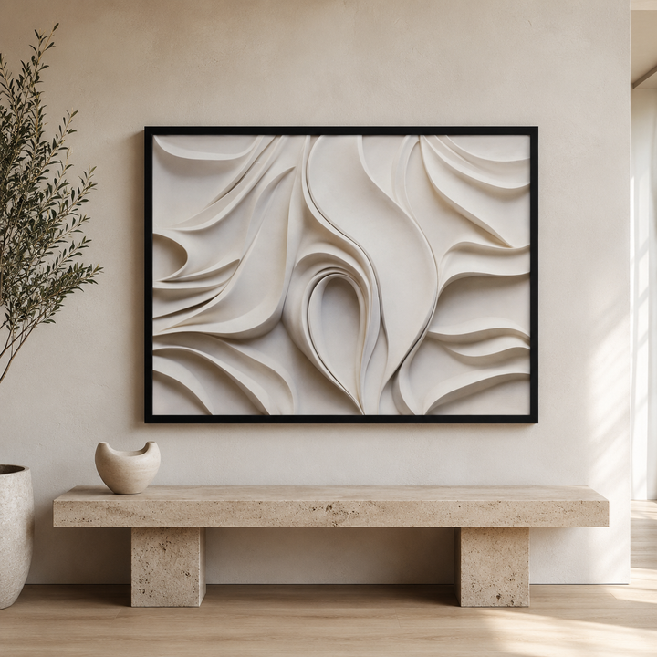 Close detail of Dune textured wall art, printed cream ribbon folds and soft shadow on framed canvas