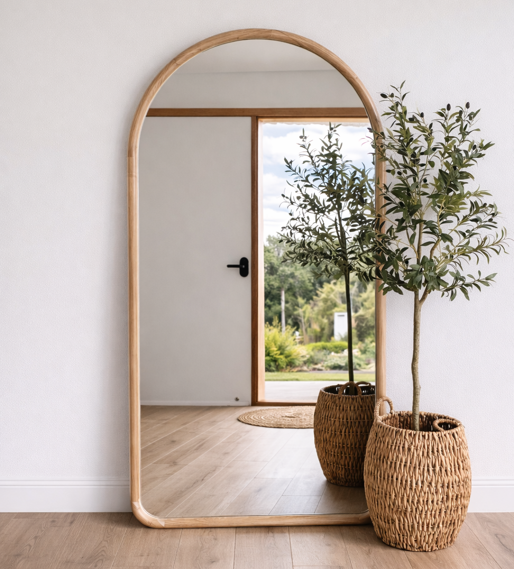 AURA 190x100cm – Large Full-Length Arch Mirror with Curved Wood Frame