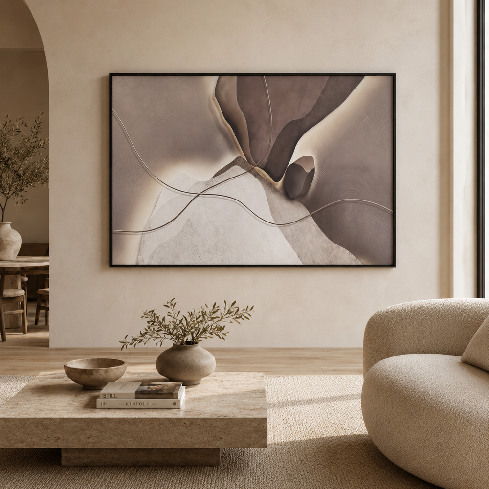Basalt geometric wall art in a black frame, structural repeating forms, styled above a timber console