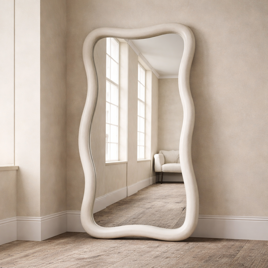 Decorative floor mirror with wavy frame in a room with large windows and a sofa.