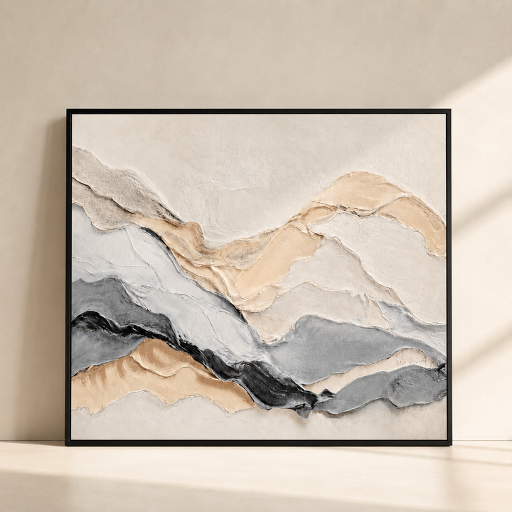 Close detail of Quarry wall art showing genuine hand-applied relief in cream, grey and beige