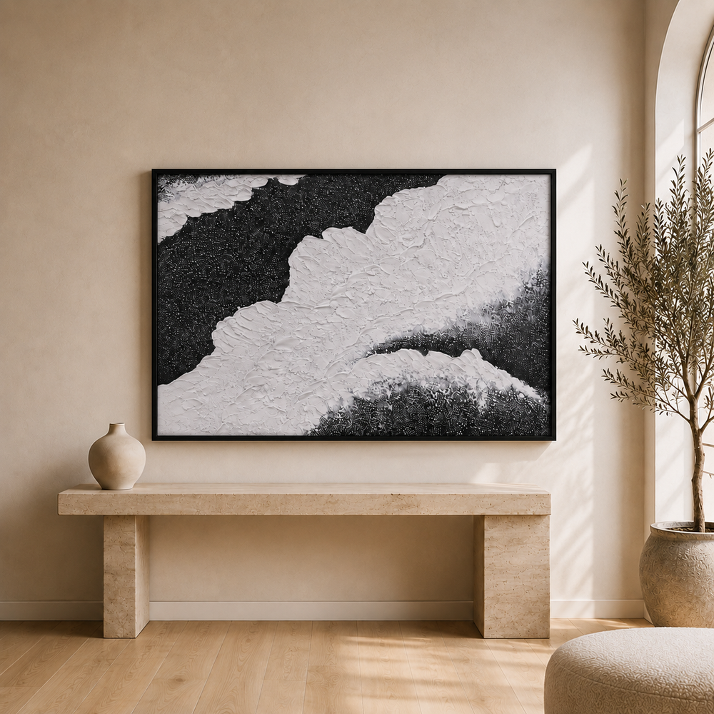 Onyx black and white 3D wall art in a black frame, raised white plaster relief against deep black