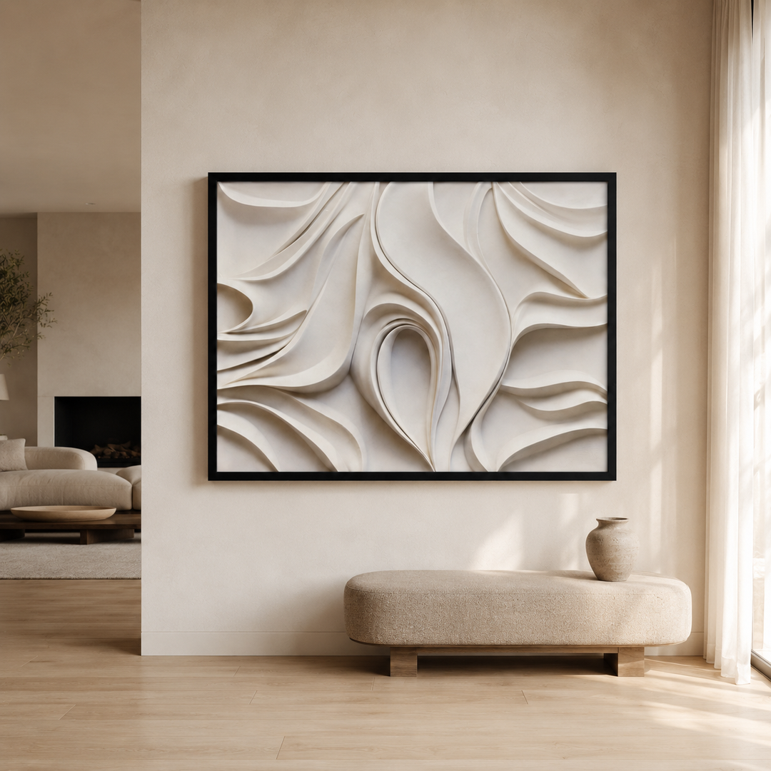 Dune textured wall art, cream sculptural canvas print in a black frame, 210x120cm, above a travertine bench in a neutral entryway
