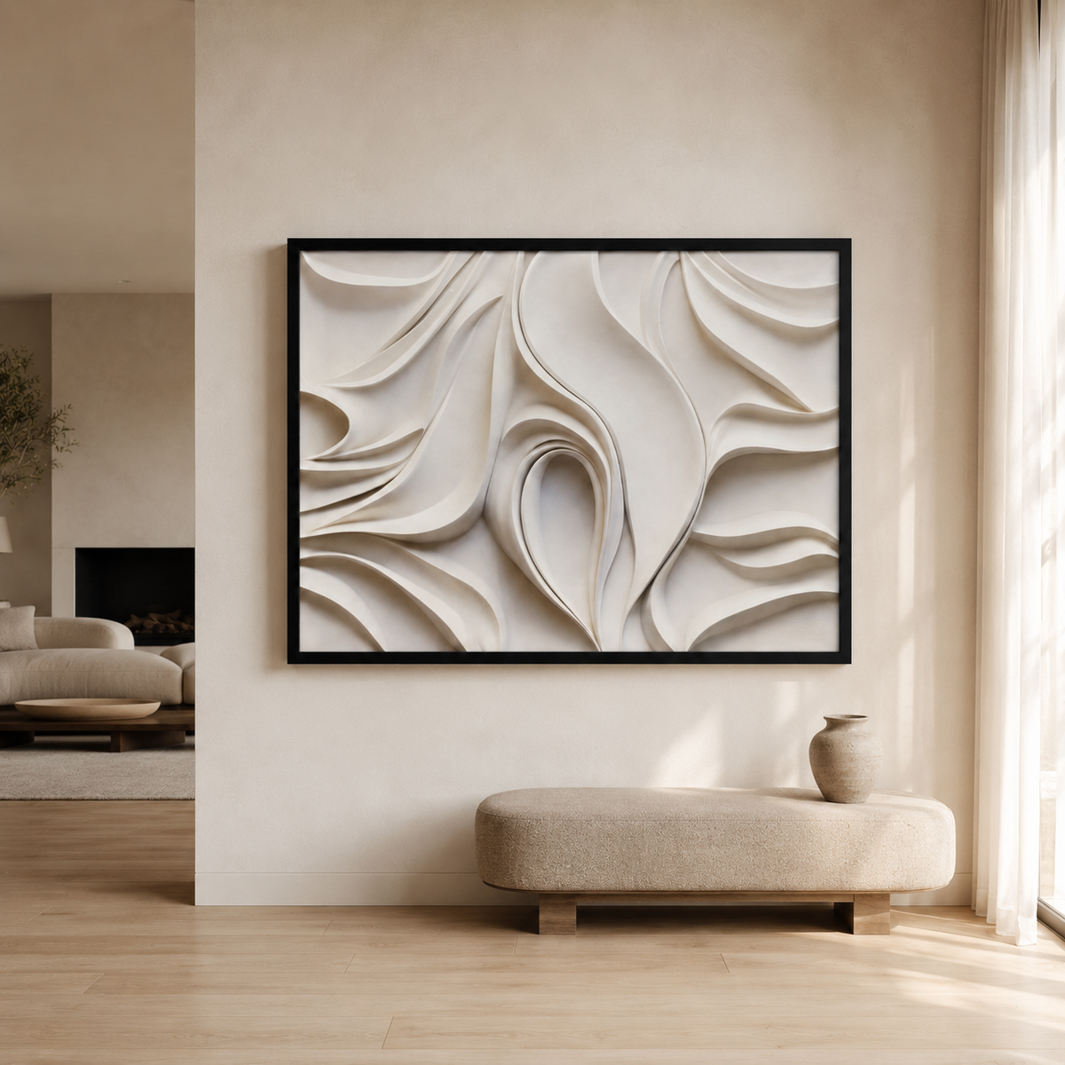 Dune textured wall art, cream sculptural canvas print in a black frame, 210x120cm, above a travertine bench in a neutral entryway