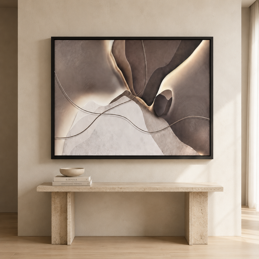 Basalt geometric wall art, large framed canvas print in a black frame, 210x120cm, on a neutral living room wall