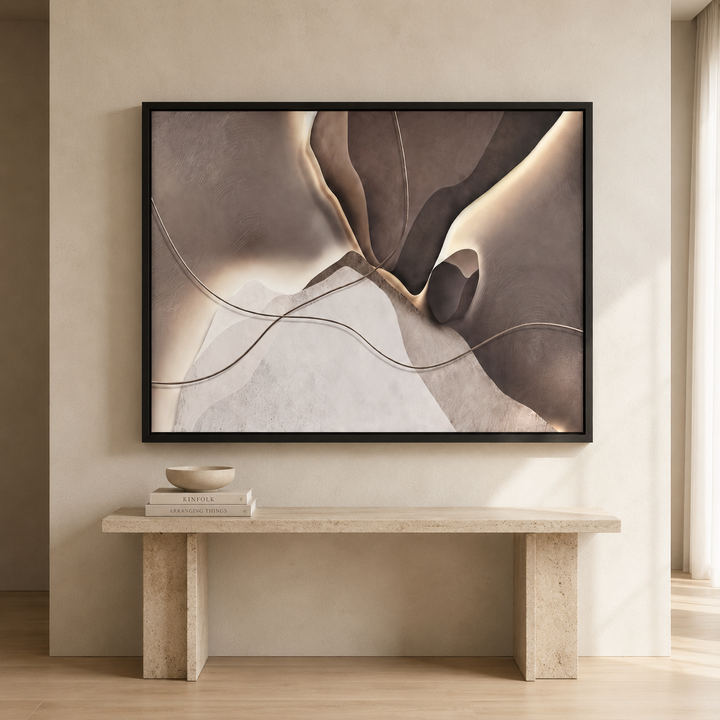 Basalt geometric wall art, large framed canvas print in a black frame, 210x120cm, on a neutral living room wall