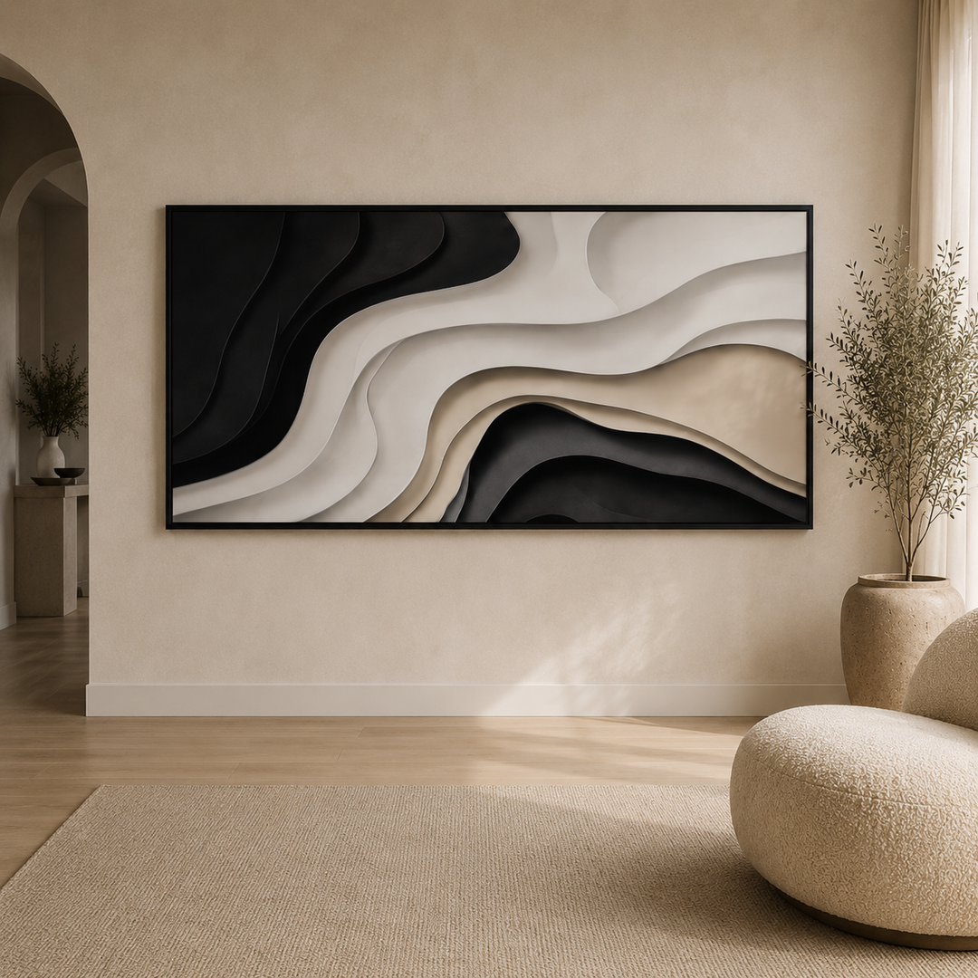 Close detail of Strata wall art, printed black cream and taupe layers with soft shadow on framed canvas