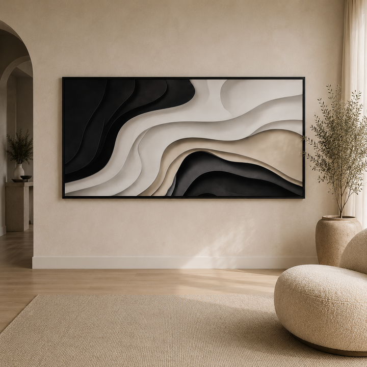 Close detail of Strata wall art, printed black cream and taupe layers with soft shadow on framed canvas