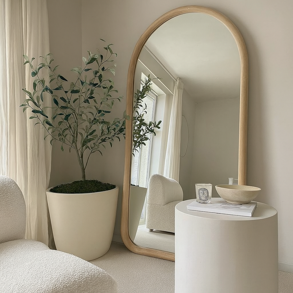 Large arch mirror with curved wood frame by Sydney Mirrors