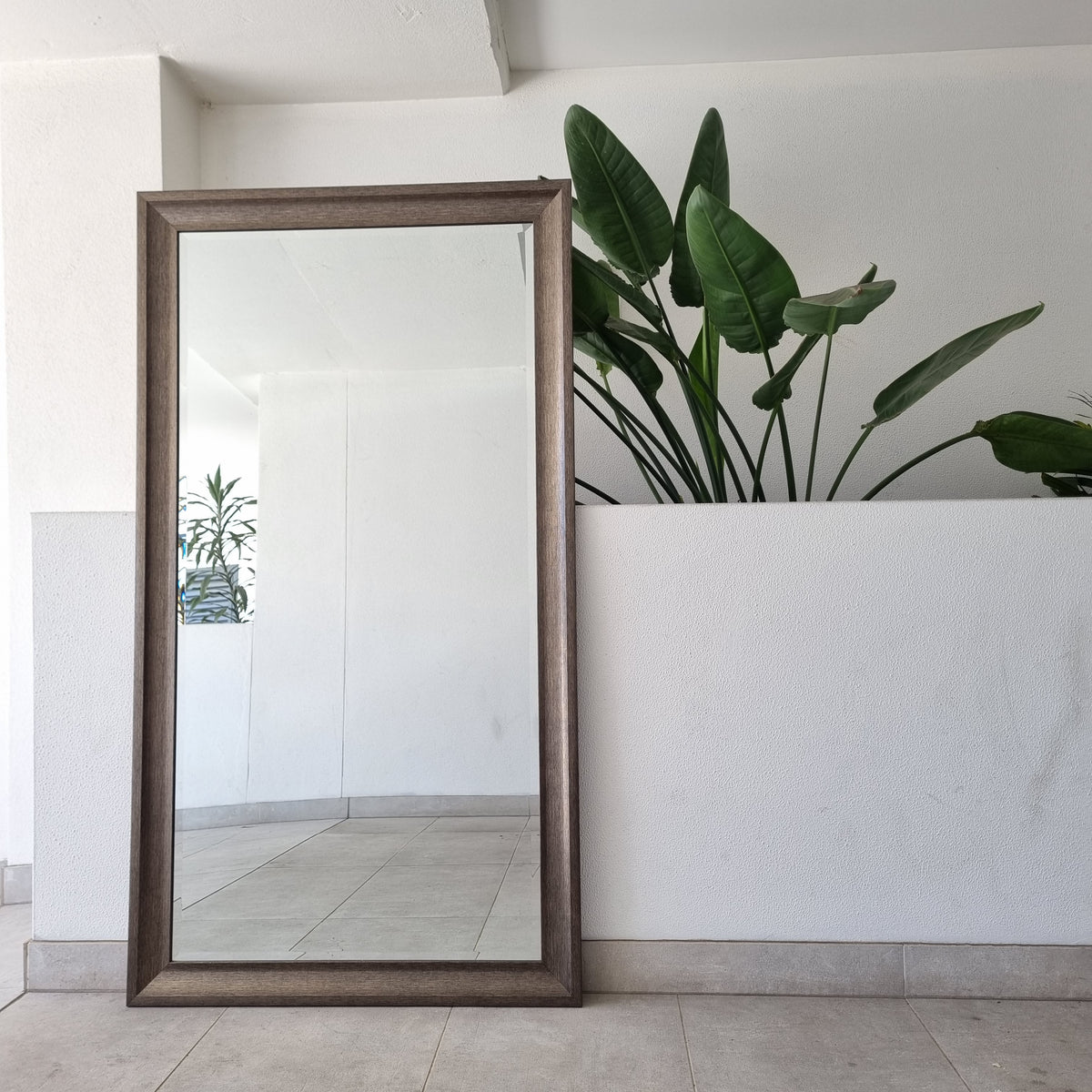 Silver full-length mirror with a thick ornate frame